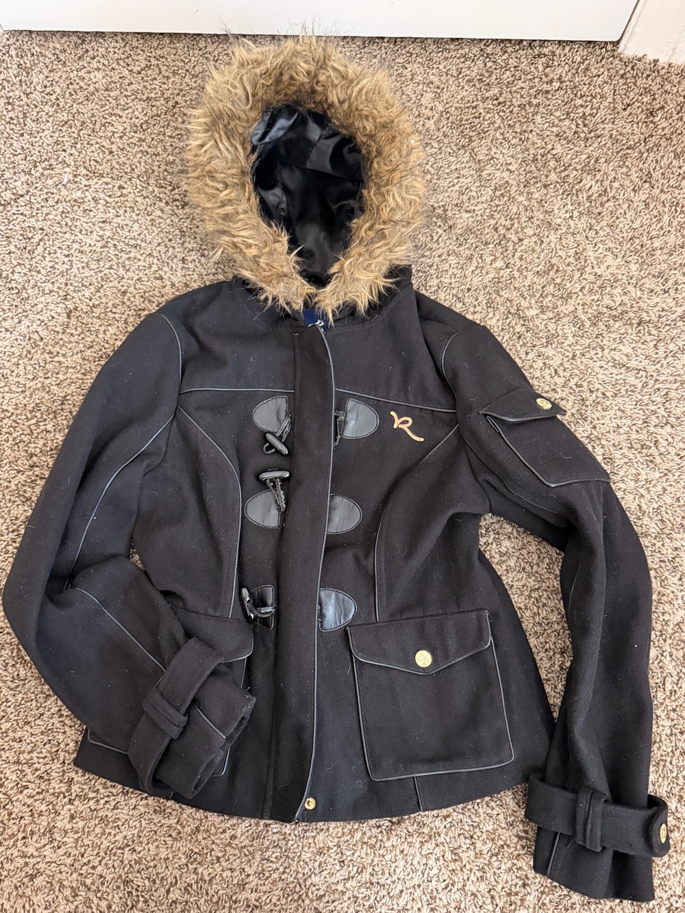 Vintage Y2k Rocawear Black Toggle Pea Coat with Faux-Fur Hood Trim